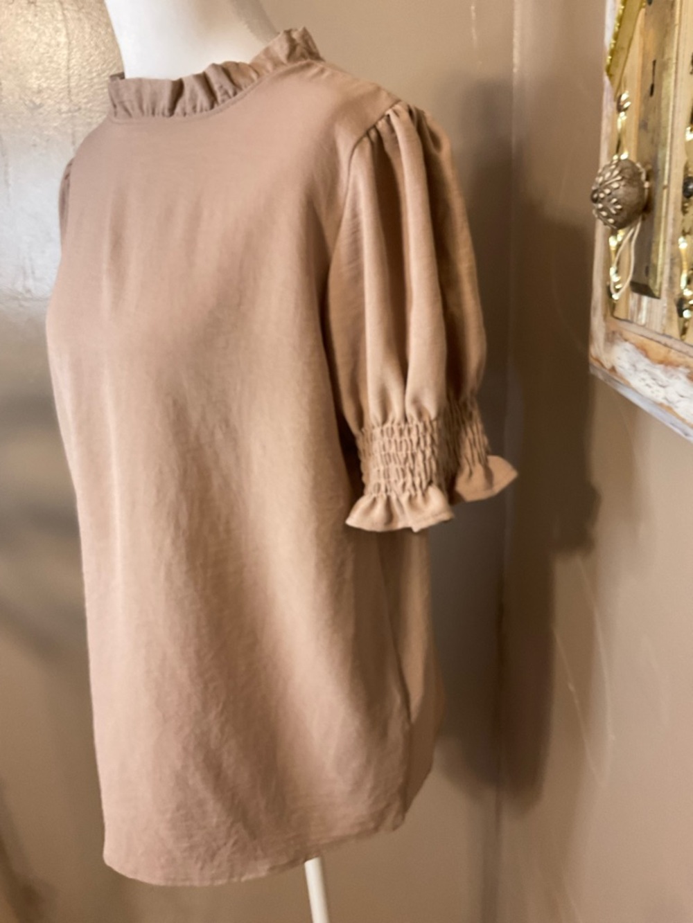 Les amis Women’s Ruffle Neck Puff Sleeve Top in Tan